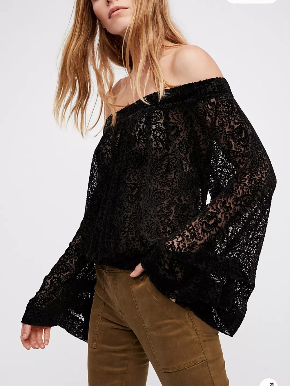 Free People Women's Black Velvet Off Shoulder Burnout Boho Sheer Top Size L
